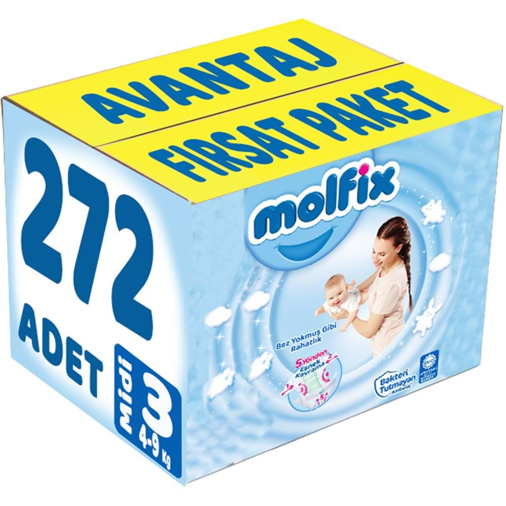 Molfix Bebek Bezi Beden:3 (4-9Kg) Midi 272 Adet Avantaj Fırsat Pk