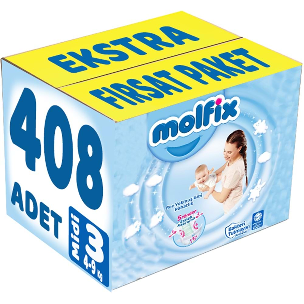 Molfix Bebek Bezi Beden:3 (4-9Kg) Midi 408 Adet Ekstra Fırsat Pk