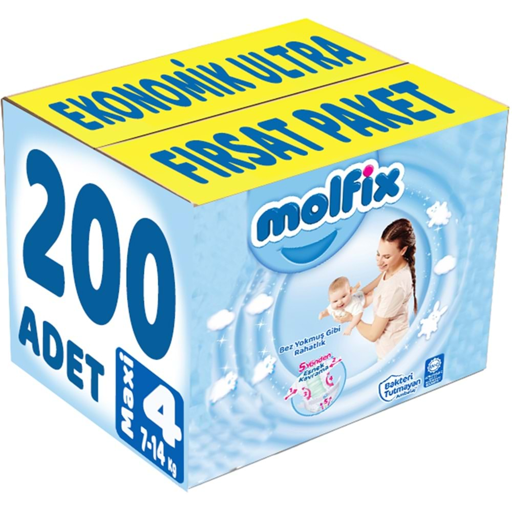 Molfix Bebek Bezi Beden:4 (7-14Kg) Maxi 200 Adet Ekonomik Ultra Fırsat Pk