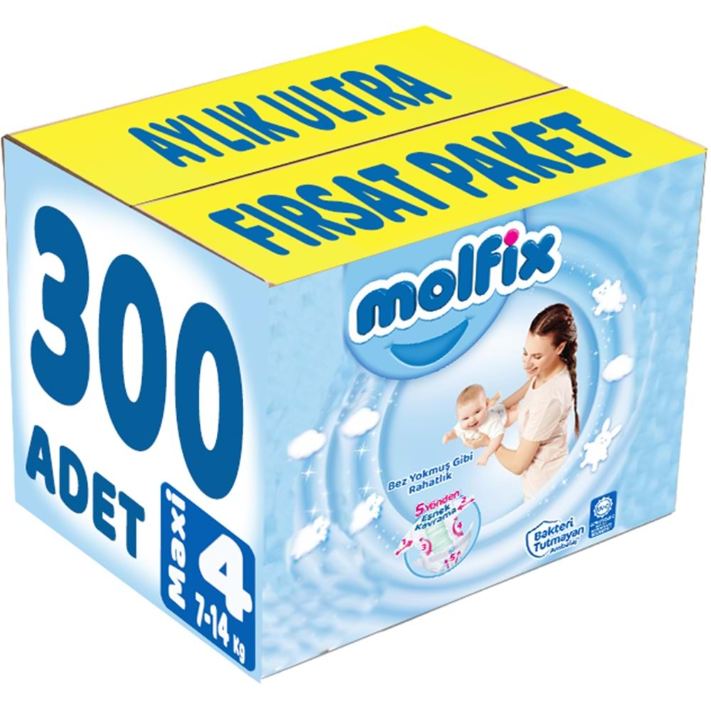 Molfix Bebek Bezi Beden:4 (7-14Kg) Maxi 300 Adet Aylık Ultra Fırsat Pk