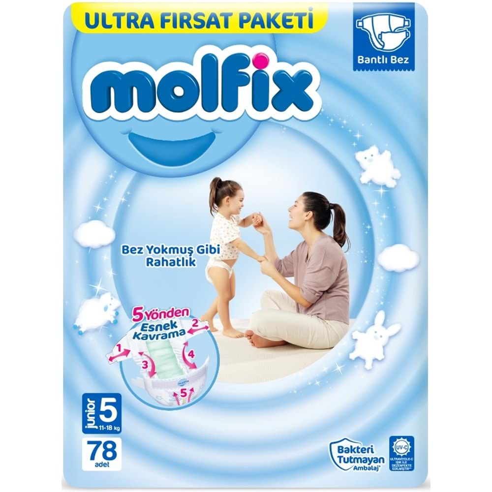 Molfix Bebek Bezi Beden:5 (11-18Kg) Junior 156 Adet Ekonomik Ultra Fırsat Pk+6 Adet Islak Mendil