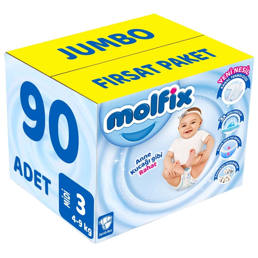 Molfix Bebek Bezi Beden:3 (4-9Kg) Midi 90 Adet Jumbo Fırsat Pk