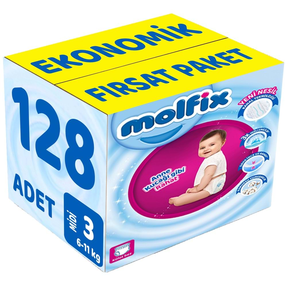 Molfix Külot Bebek Bezi Beden:3 (6-11KG) Midi 128 Adet Ekonomik Fırsat Pk