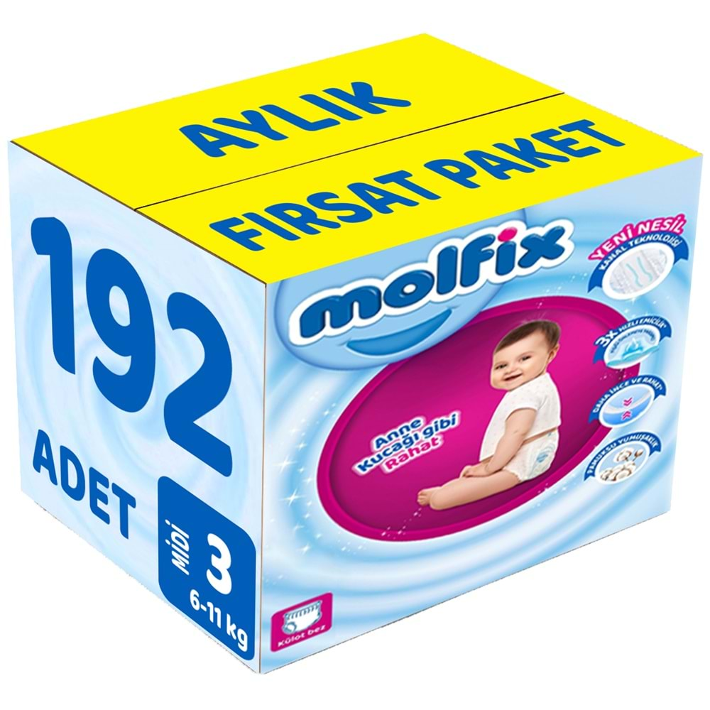 Molfix Külot Bebek Bezi Beden:3 (6-11KG) Midi 192 Adet Aylık Fırsat Pk