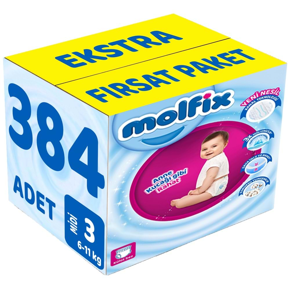 Molfix Külot Bebek Bezi Beden:3 (6-11KG) Midi 384 Adet Ekstra Fırsat Pk