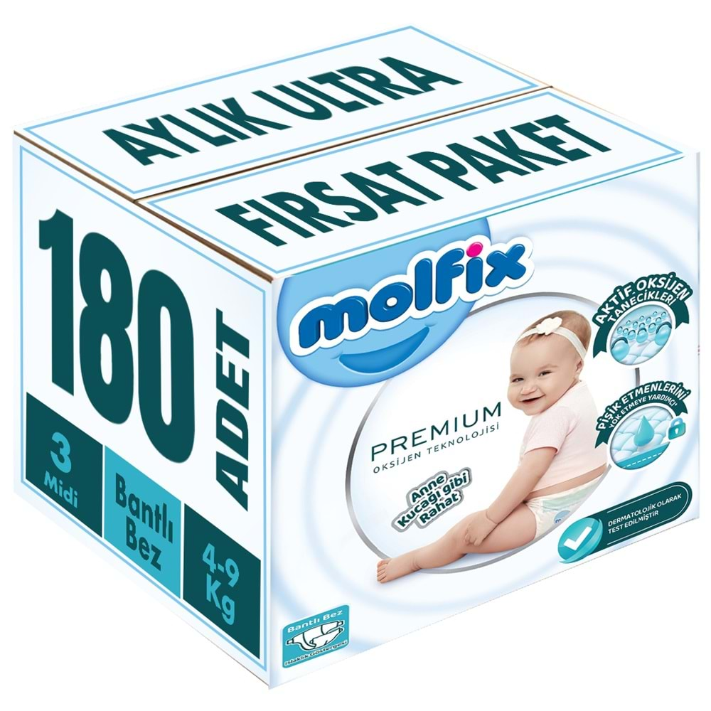 Molfix Premium Bebek Bezi Beden:3 (4-9KG) Midi 180 Adet Aylık Ultra Fırsat Pk