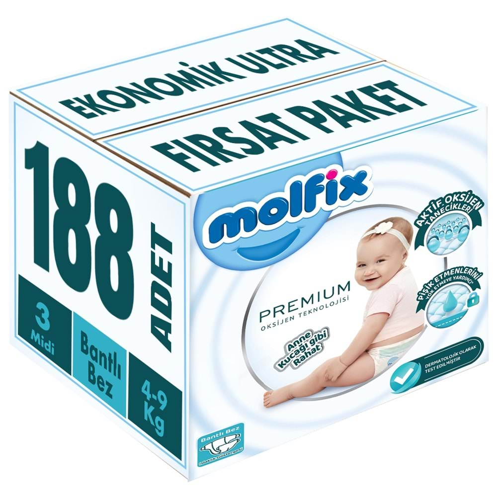 Molfix Premium Bebek Bezi Beden:3 (4-9KG) Midi 188 Adet Ekonomik Ultra Fırsat Pk