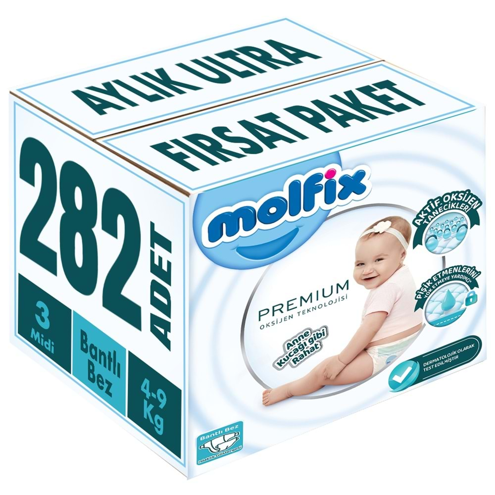 Molfix Premium Bebek Bezi Beden:3 (4-9KG) Midi 282 Adet Aylık Ultra Fırsat Pk