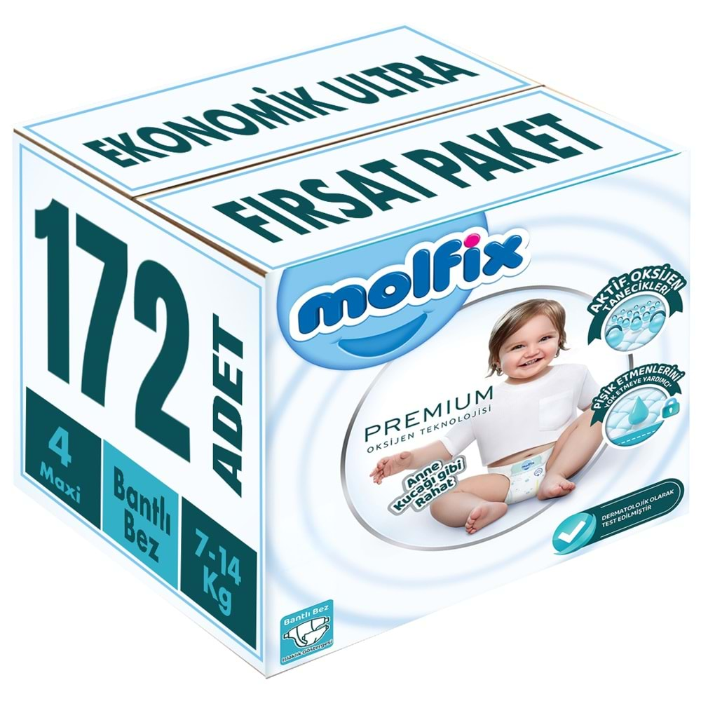 Molfix Premium Bebek Bezi Beden:4 (7-14KG) Maxi 172 Adet Ekonomik Ultra Fırsat Pk