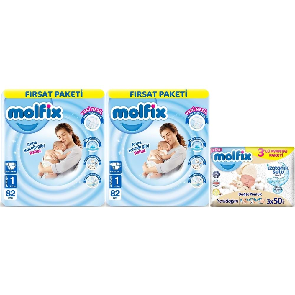 Molfix Bebek Bezi Beden:1 (2-5KG) Yeni Doğan 164 Adet Ekonomik Fırsat Pk + 3 Adet Islak Mendil