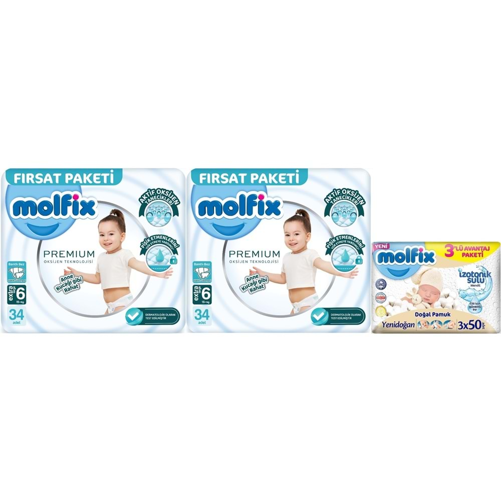 Molfix Premium Bebek Bezi Beden:6 (15+KG) Extra Large 68 Adet Fırsat Pk + 3 Adet Islak Mendil