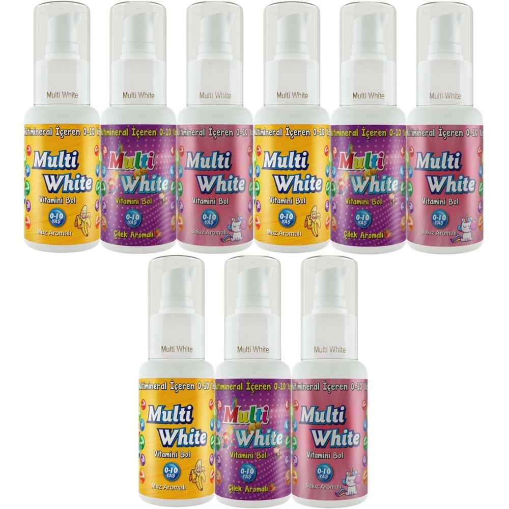 Multi White Diş Macunu 50ML Karma Muz-Çilek-Sakız Aromalı Bol Vitaminli (0-10 Yaş) (9 Lu Set)