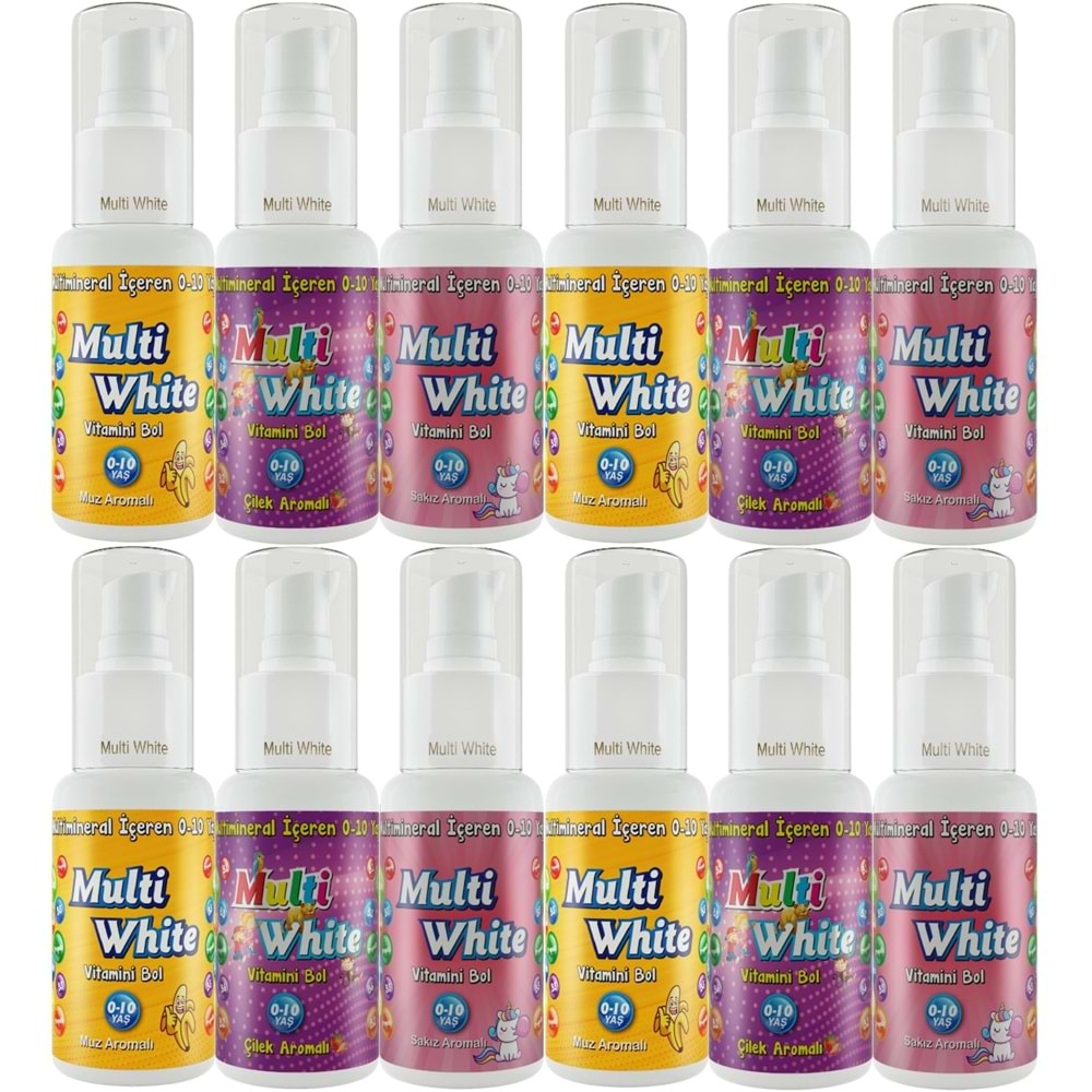 Multi White Diş Macunu 50ML Karma Muz-Çilek-Sakız Aromalı Bol Vitaminli (0-10 Yaş) (12 Li Set)