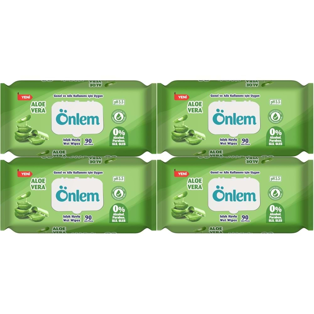 Önlem Islak Havlu Mendil 90 Yaprak Aloe Vera Plastik Kapaklı (4 Lü Set) (360 Yaprak)