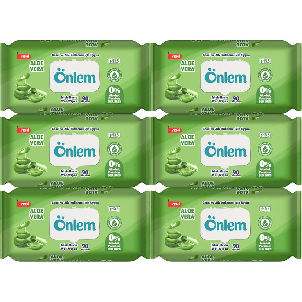 Önlem Islak Havlu Mendil 90 Yaprak Aloe Vera Plastik Kapaklı (6 Lı Set) (540 Yaprak)