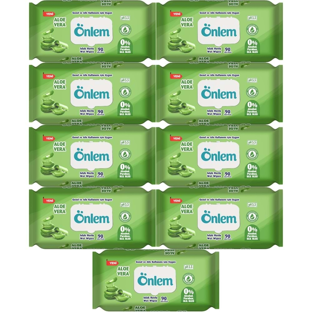 Önlem Islak Havlu Mendil 90 Yaprak Aloe Vera Plastik Kapaklı (9 Lu Set) (810 Yaprak)