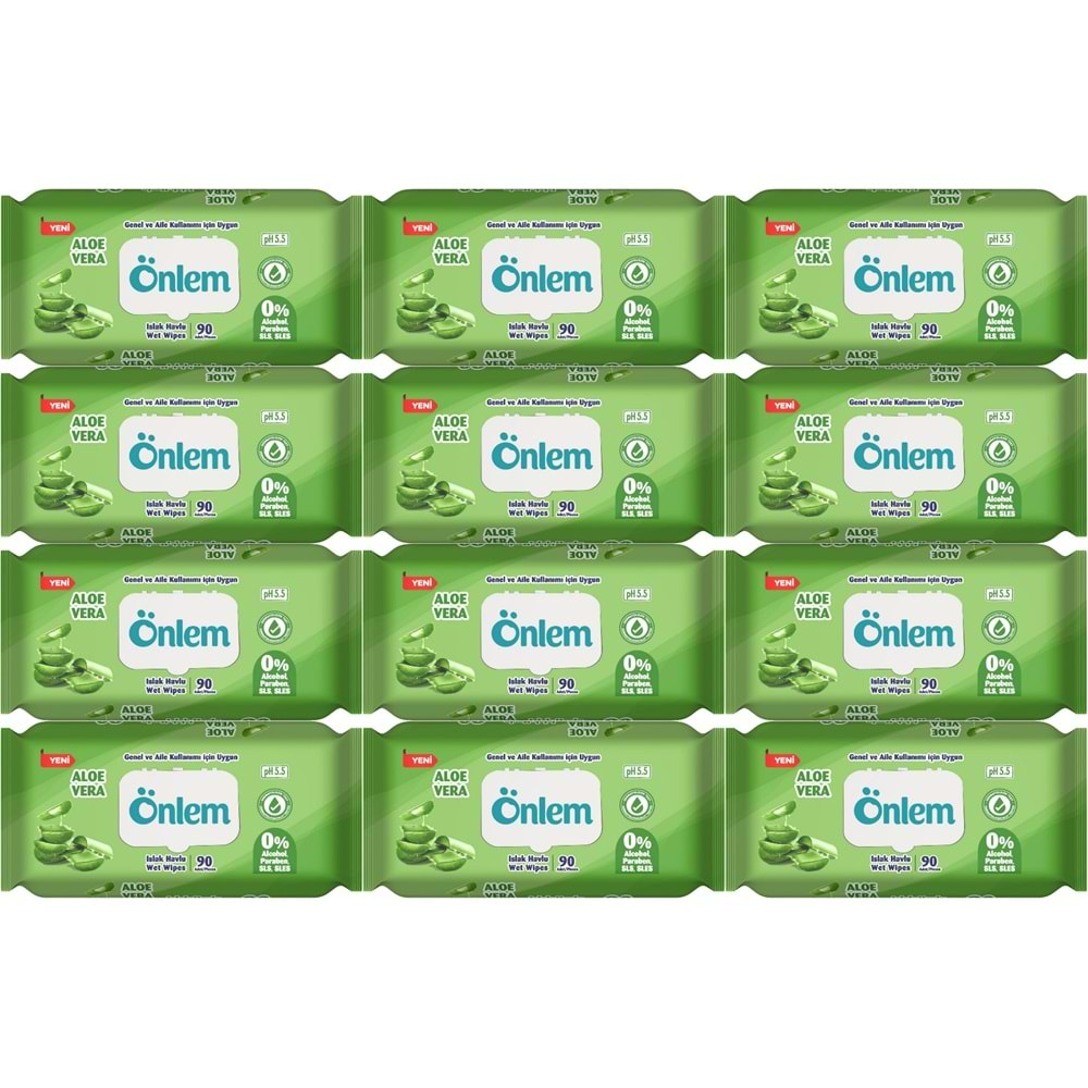 Önlem Islak Havlu Mendil 90 Yaprak Aloe Vera Plastik Kapaklı (12 Li Set) (1080 Yaprak)