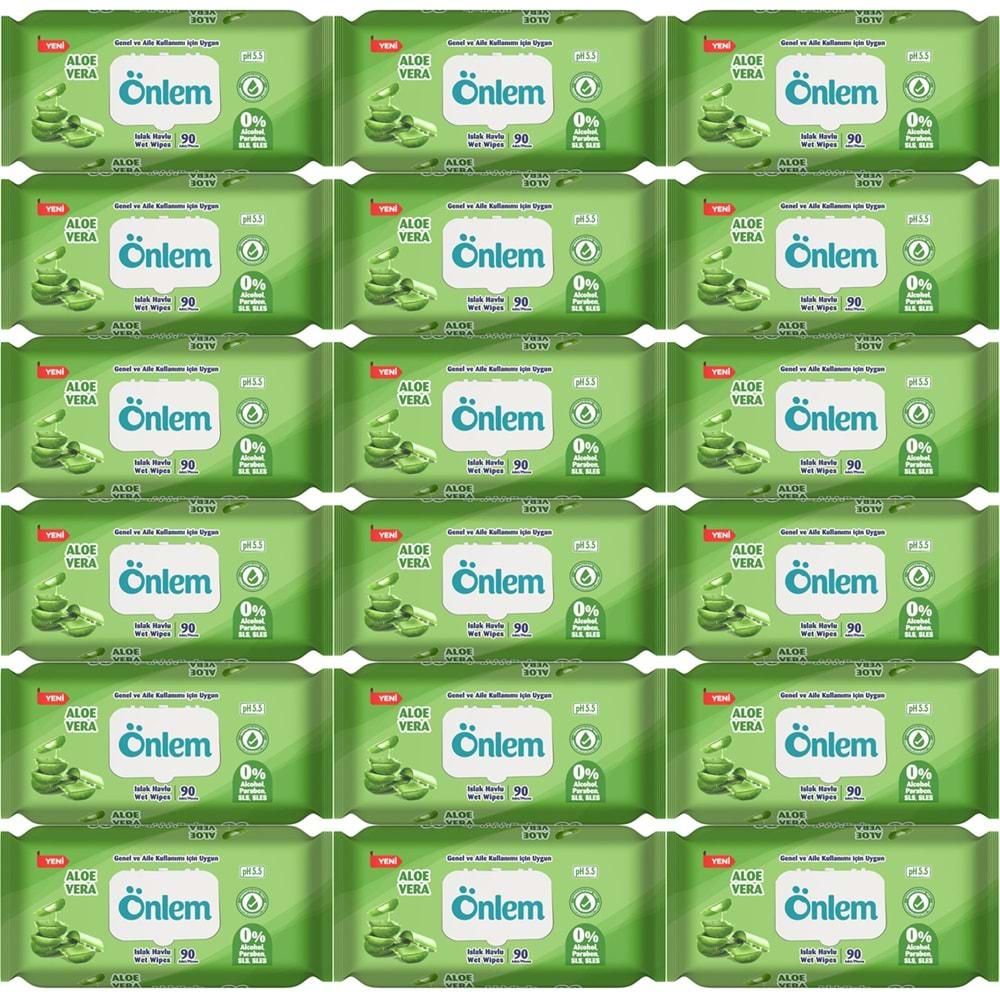 Önlem Islak Havlu Mendil 90 Yaprak Aloe Vera Plastik Kapaklı (18 Li Set) (1620 Yaprak)