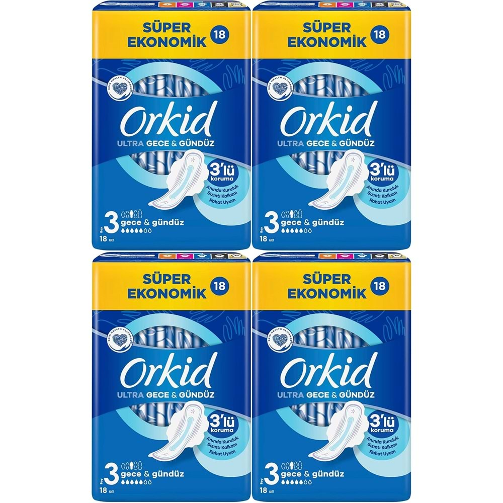 Orkid Hijyenik Ped Ultra Extra Koruma Gece&Gündüz 72 Adet Süper Ekonomik Pk (4PK*18)