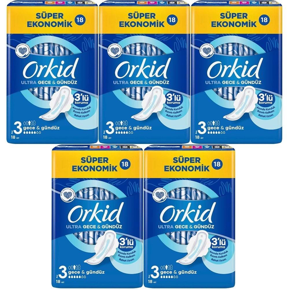 Orkid Hijyenik Ped Ultra Extra Koruma Gece&Gündüz 90 Adet Süper Ekonomik Pk (5PK*18)