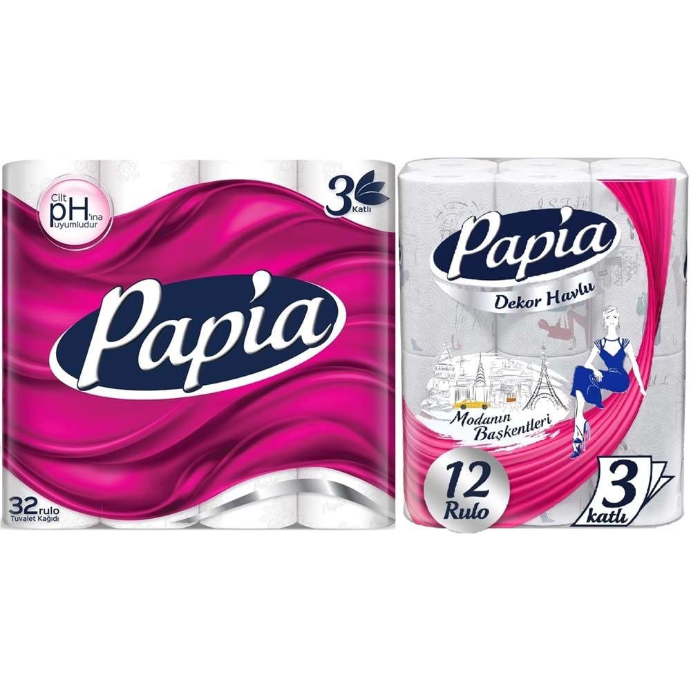 Papia Tuvalet Kağıdı (3 Katlı) 32 Li Pk + 12 Li Paket Kağıt Havlu Decor Desenli (3 Katlı)