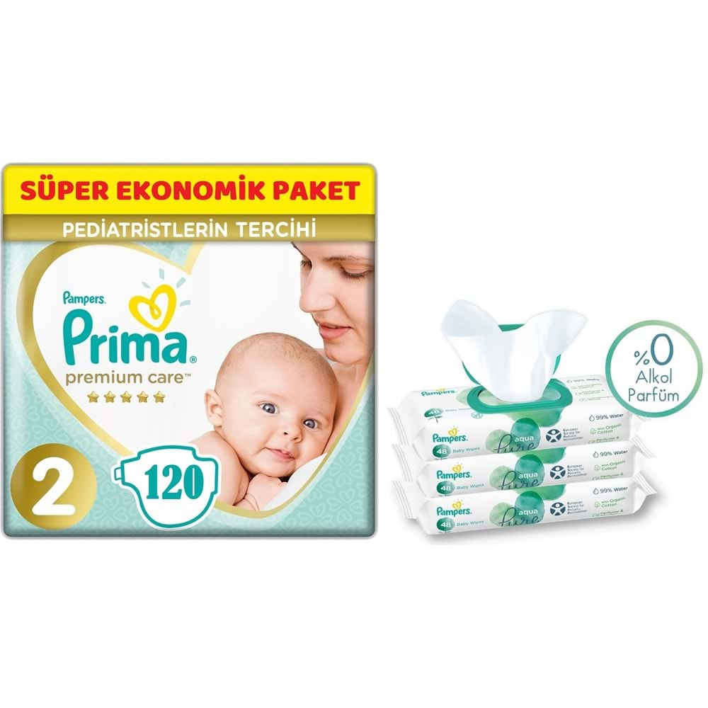 Prima Premium Care Bebek Bezi Beden:2 (4-8Kg) Mini 120 Adet + 3 Lü Mendil Süper Ekonomik Pk