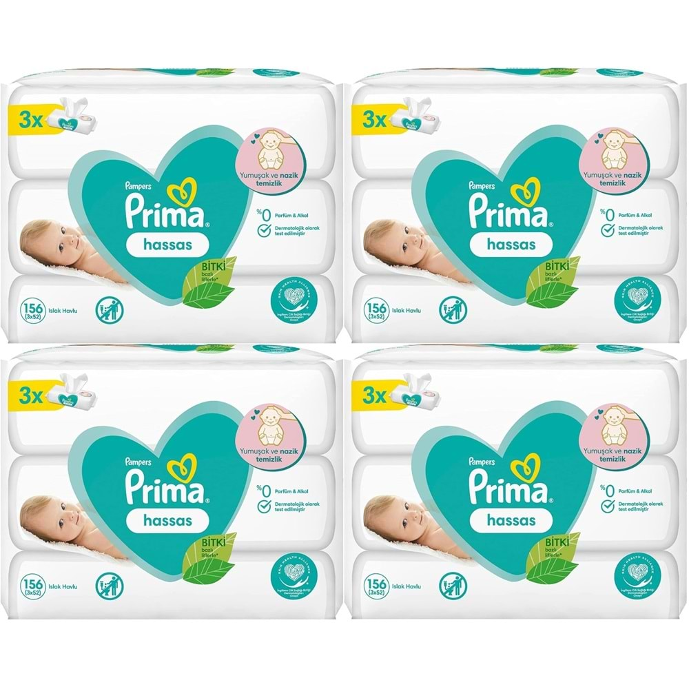 Prima Islak Havlu Mendil Hassas Ciltler İçin Bitki Bazlı Kokusuz (12 Li Set) (4PK*3) 624 Yaprak