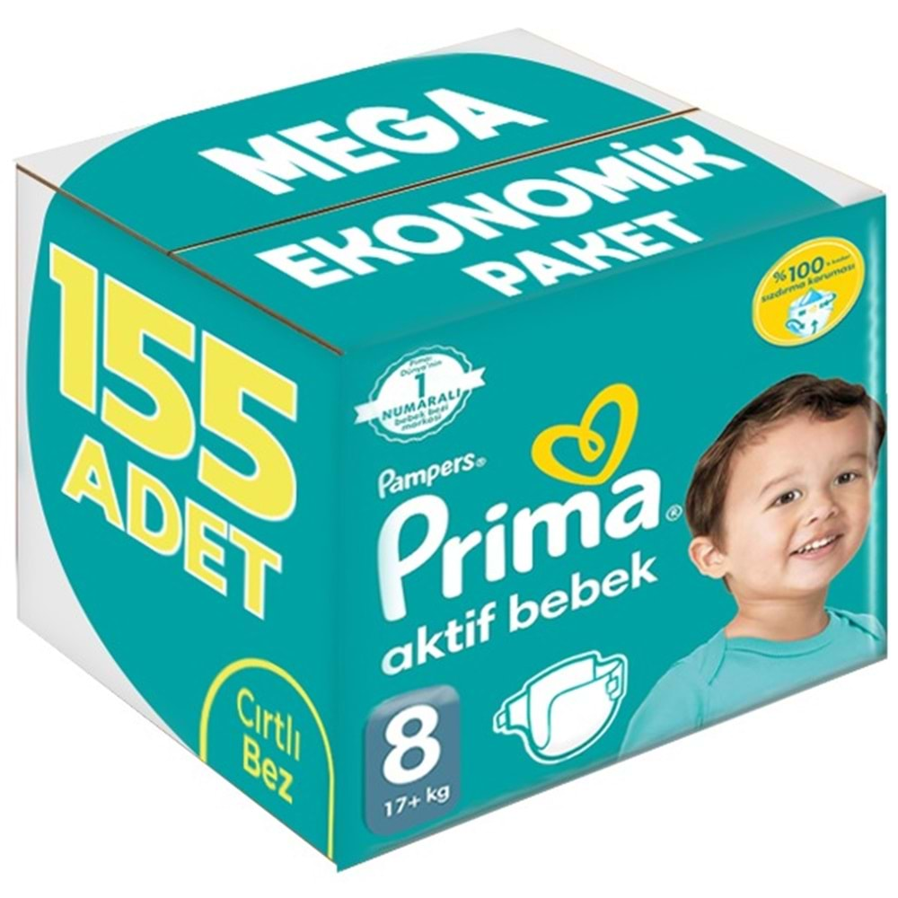 Prima Bebek Bezi Beden:8 (17+Kg) XXX Large 155 Adet Mega Ekonomik Pk