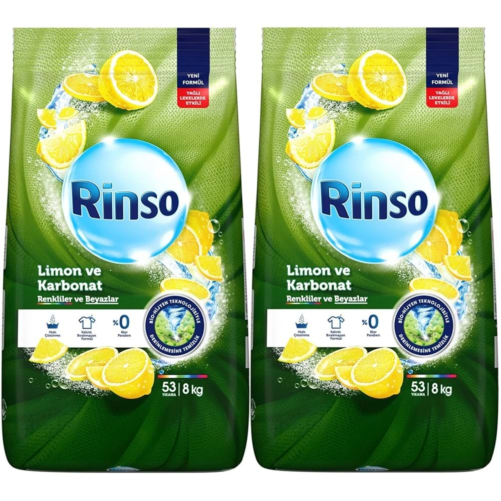 Rinso Matik Toz Deterjan 16KG Limon ve Karbonat / Renkliler ve Beyazlar İçin (2PK*8KG) (106 Yıkama)