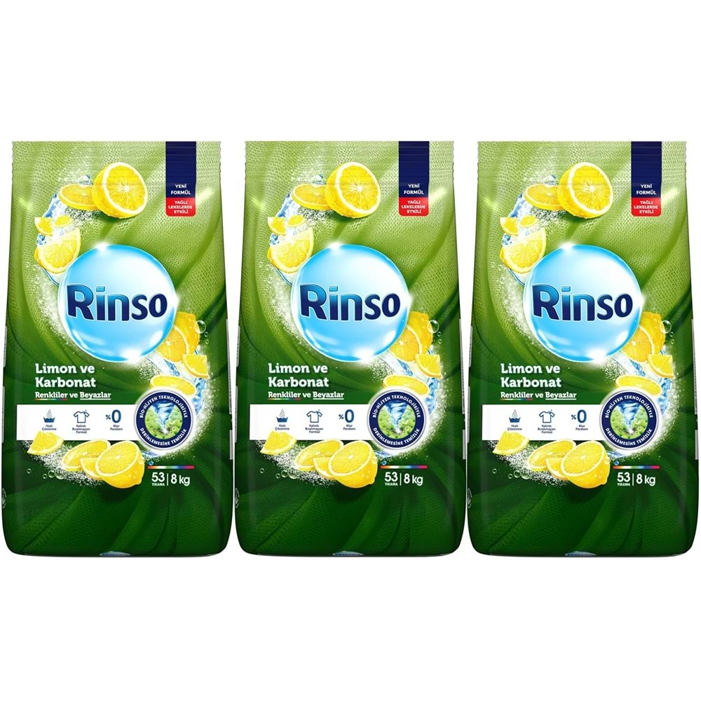 Rinso Matik Toz Deterjan 24KG Limon ve Karbonat / Renkliler ve Beyazlar İçin (3PK*8KG) (159 Yıkama)