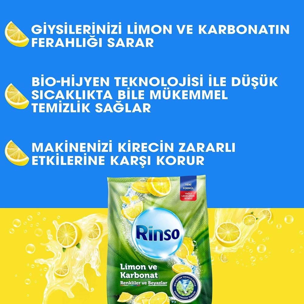 Rinso Matik Toz Deterjan 24KG Limon ve Karbonat / Renkliler ve Beyazlar İçin (3PK*8KG) (159 Yıkama)