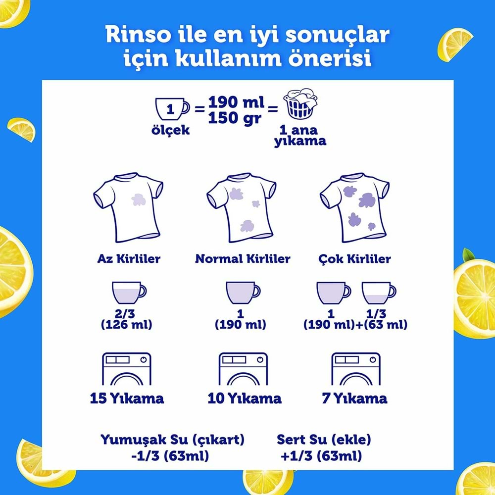 Rinso Matik Toz Deterjan 24KG Limon ve Karbonat / Renkliler ve Beyazlar İçin (3PK*8KG) (159 Yıkama)