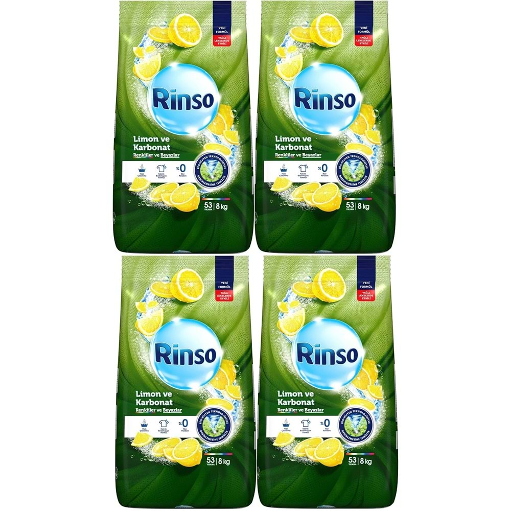 Rinso Matik Toz Deterjan 32KG Limon ve Karbonat / Renkliler ve Beyazlar İçin (4PK*8KG) (212 Yıkama)