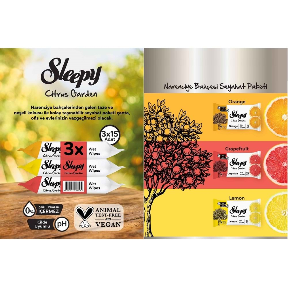 Sleepy Islak Havlu Cep Mendil 15 Yaprak (9 Lu Set) Narenciye Bahçesi/Citrus (3PK*3) 135 Yaprak