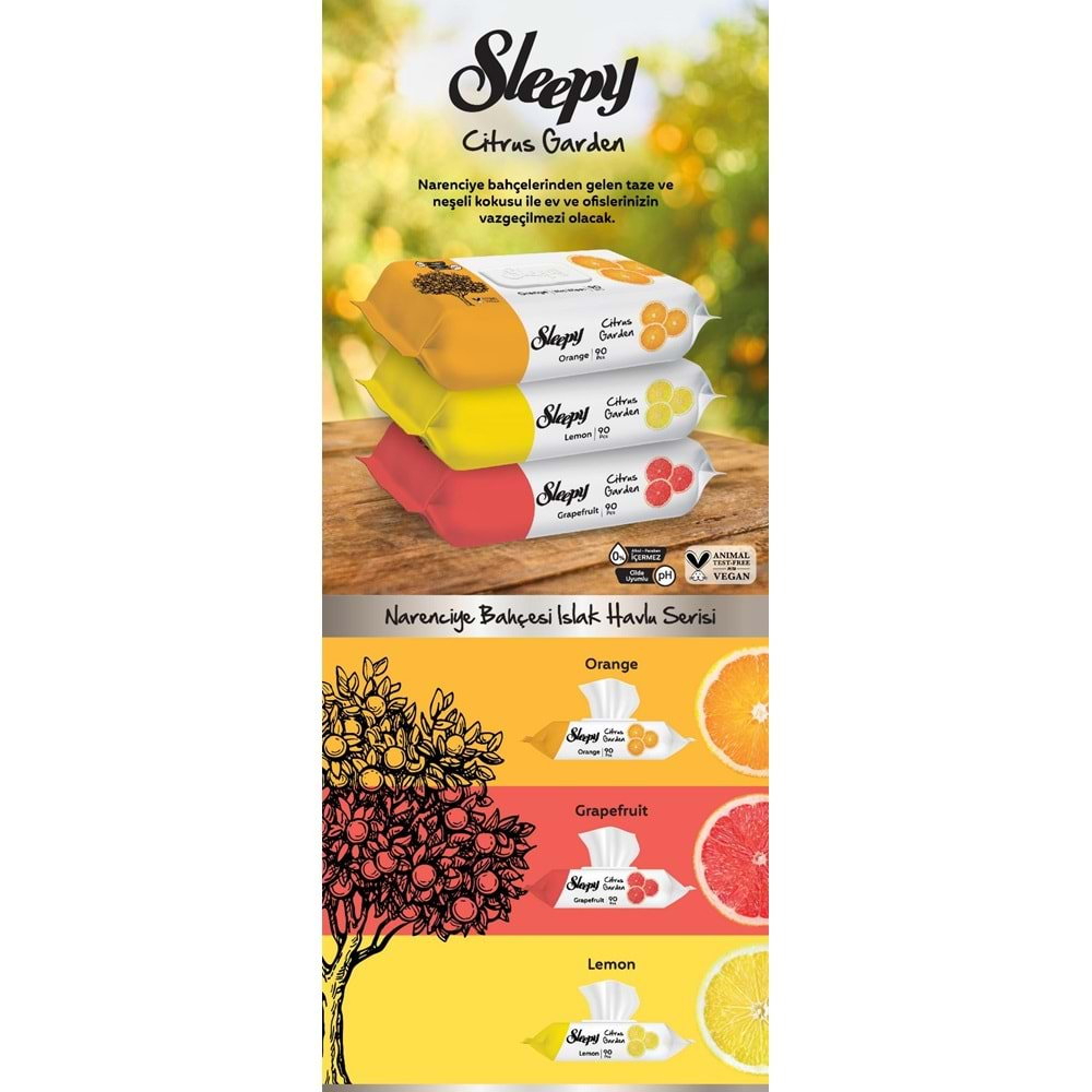 Sleepy Islak Havlu Mendil Meyve Çeşitleri 90 Yaprak (12 Li Set) Plastik Kapaklı (Citrus Garden)