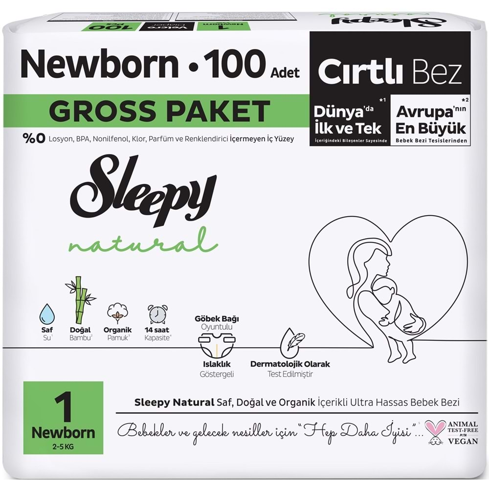 Sleepy Bebek Bezi Natural Beden:1 (2-5KG) Yeni Doğan Newborn 200 Adet Gross Pk (2PK*100)