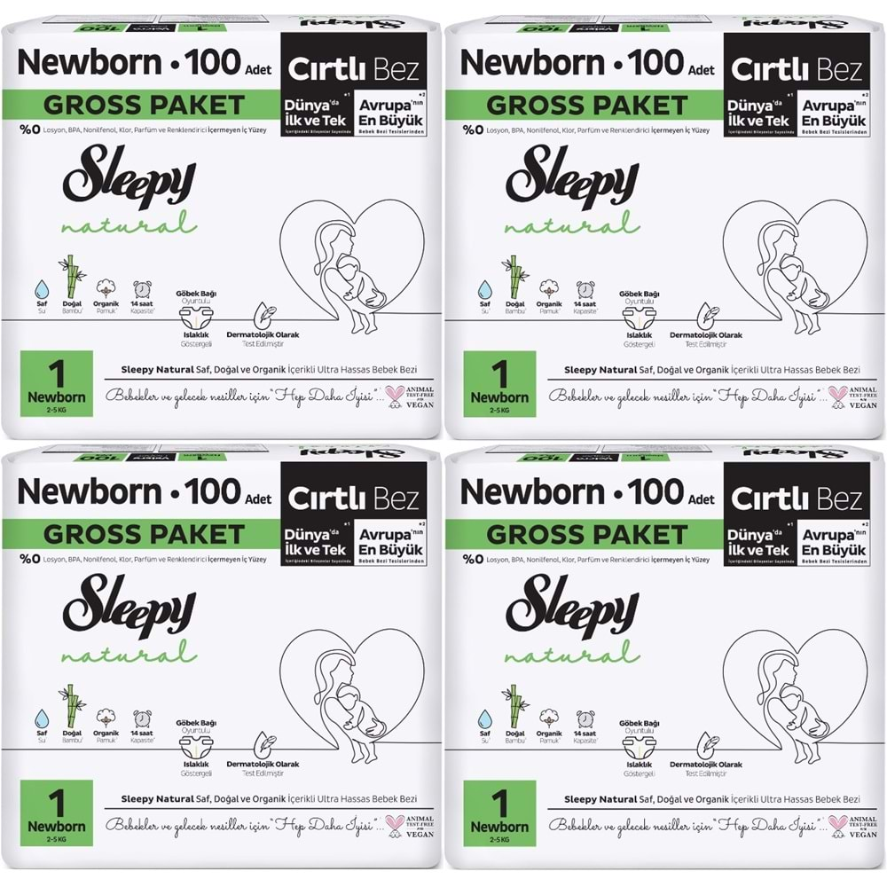 Sleepy Bebek Bezi Natural Beden:1 (2-5KG) Yeni Doğan 400 Adet Süper Ekonomik Fırsat Gross Pk (4PK*100)