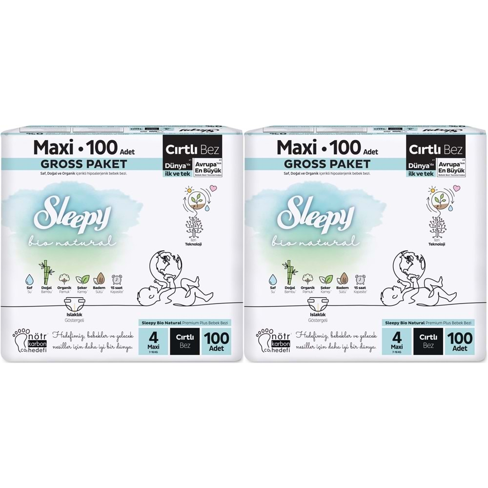 Sleepy Bebek Bezi Bio Natural Beden:4 (7-16KG) Maxi 200 Adet Süper Ekonomik Gross Pk (2PK*100)