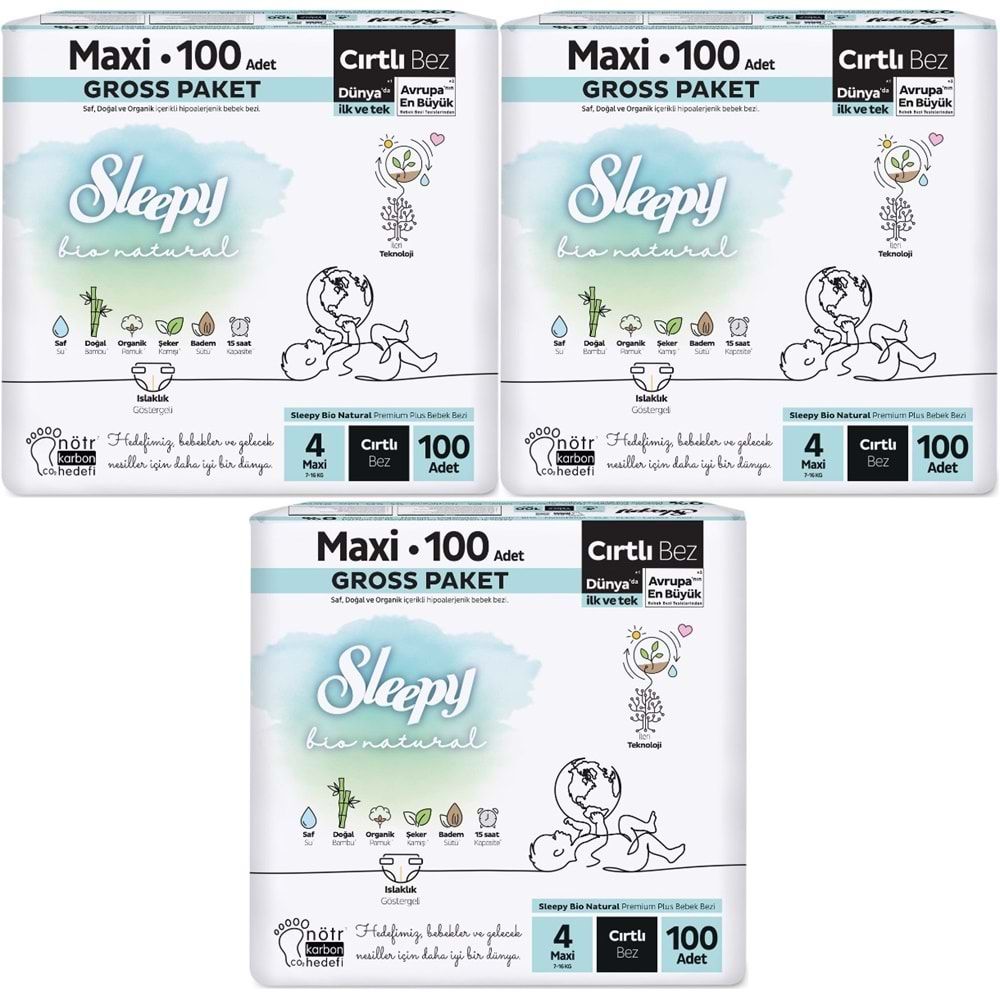 Sleepy Bebek Bezi Bio Natural Beden:4 (7-16KG) Maxi 300 Adet Ekonomik Fırsat Gross Pk (3PK*100)