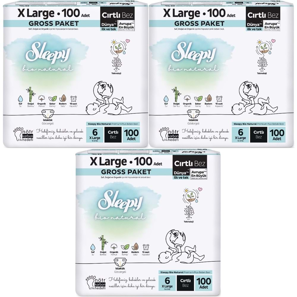 Sleepy Bebek Bezi Bio Natural Beden:6 (15-27KG) X Large 300 Adet Gross Pk (3PK*100)