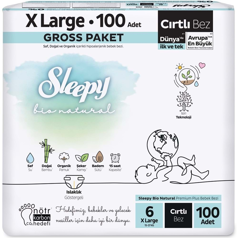 Sleepy Bebek Bezi Bio Natural Beden:6 (15-27KG) X Large 300 Adet Gross Pk (3PK*100)