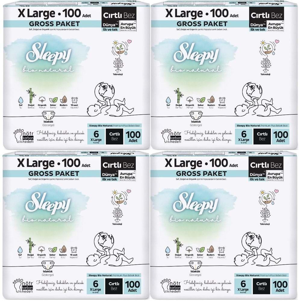 Sleepy Bebek Bezi Bio Natural Beden:6 (15-27KG) X Large 400 Adet Süper Ekonomik Fırsat Gross Pk (4PK*100)