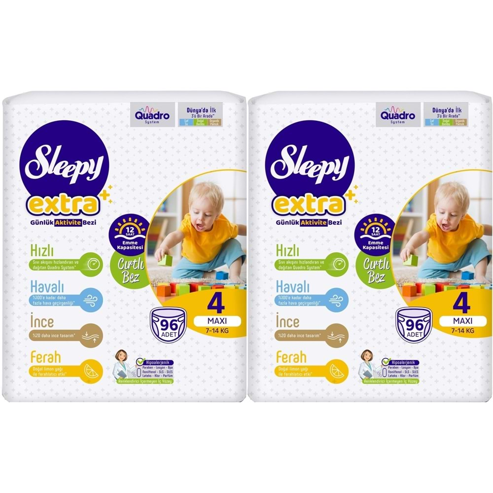 Sleepy Bebek Bezi Extra Beden:4 (7-16Kg) Maxi 192 Adet Ekonomik Ultra Pk (2PK*96)