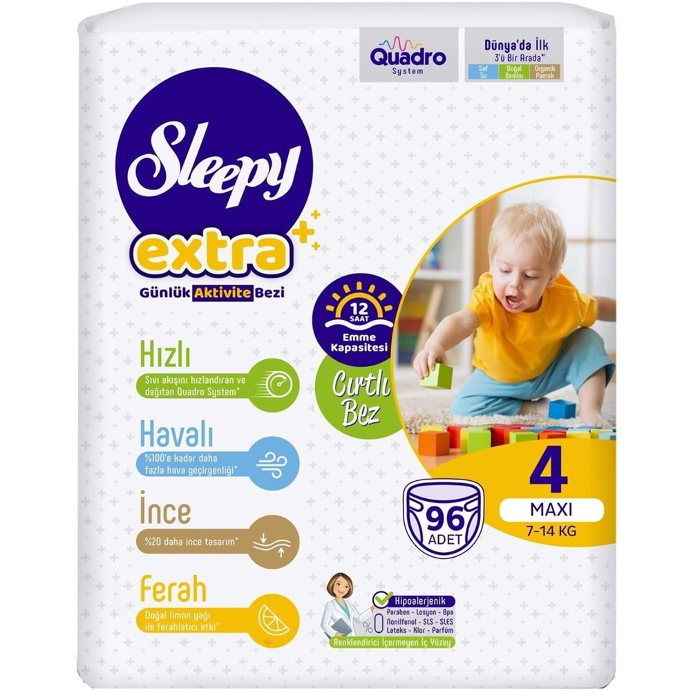 Sleepy Bebek Bezi Extra Beden:4 (7-16Kg) Maxi 192 Adet Ekonomik Ultra Pk (2PK*96)