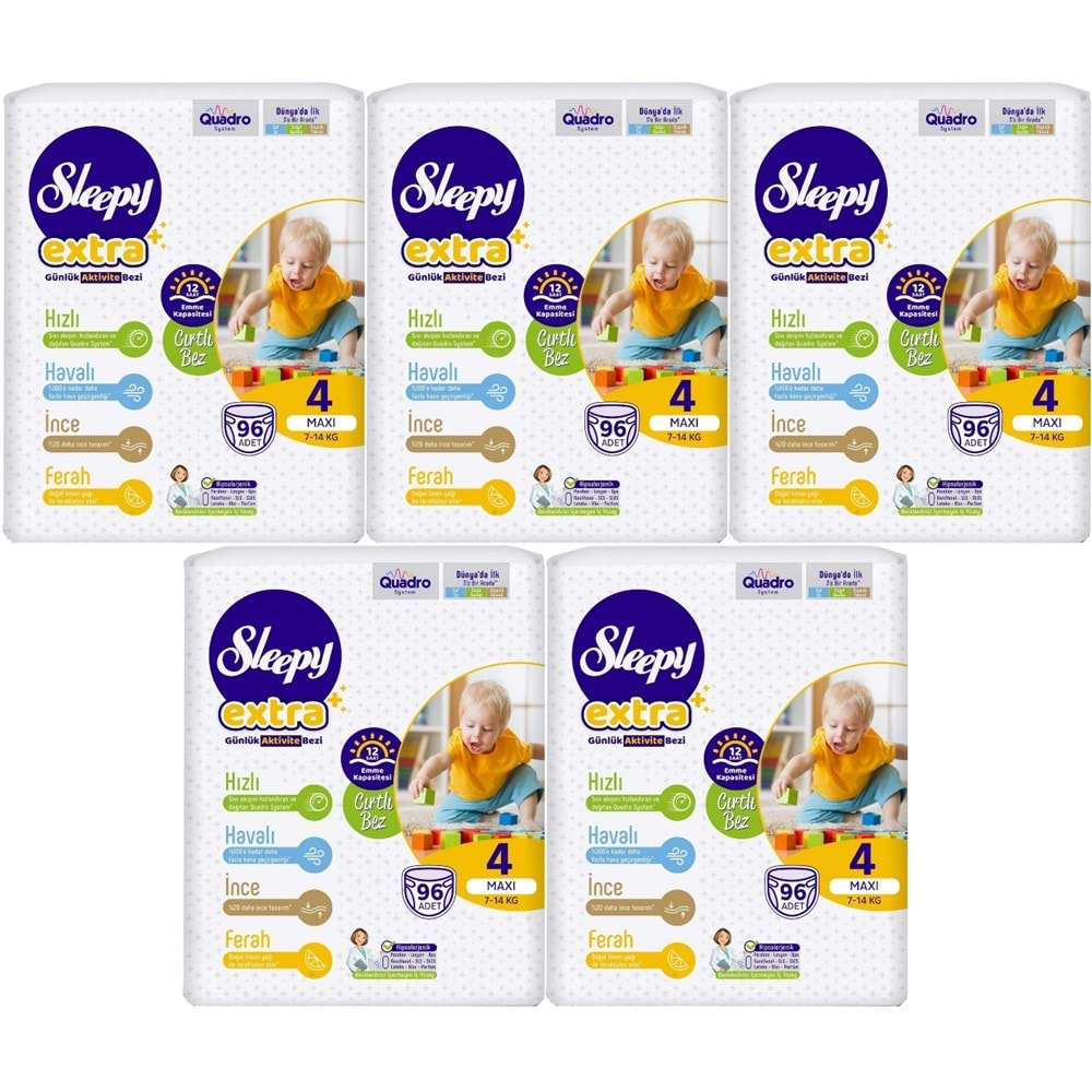 Sleepy Bebek Bezi Extra Beden:4 (7-16Kg) Maxi 480 Adet Mega Ultra Pk (5PK*96)