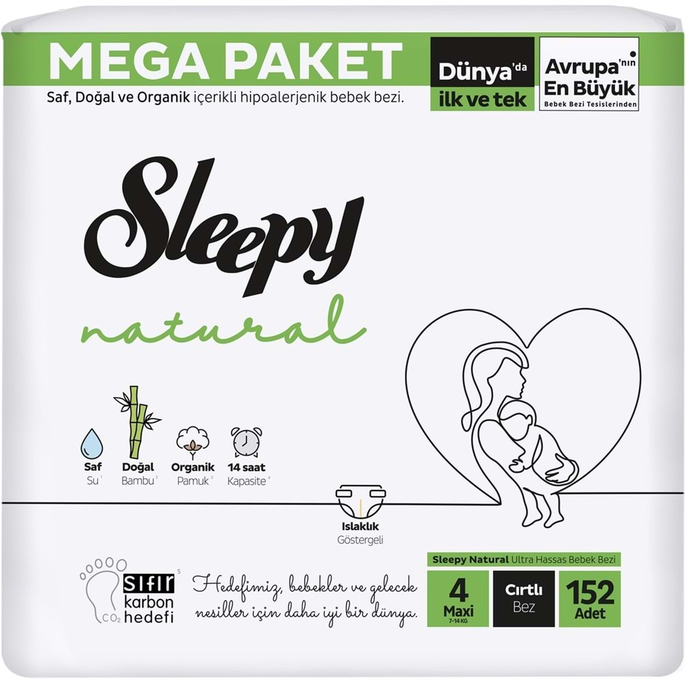 Sleepy Bebek Bezi Natural Beden:4 (7-14Kg) Maxi 304 Adet Ekonomik Mega Pk