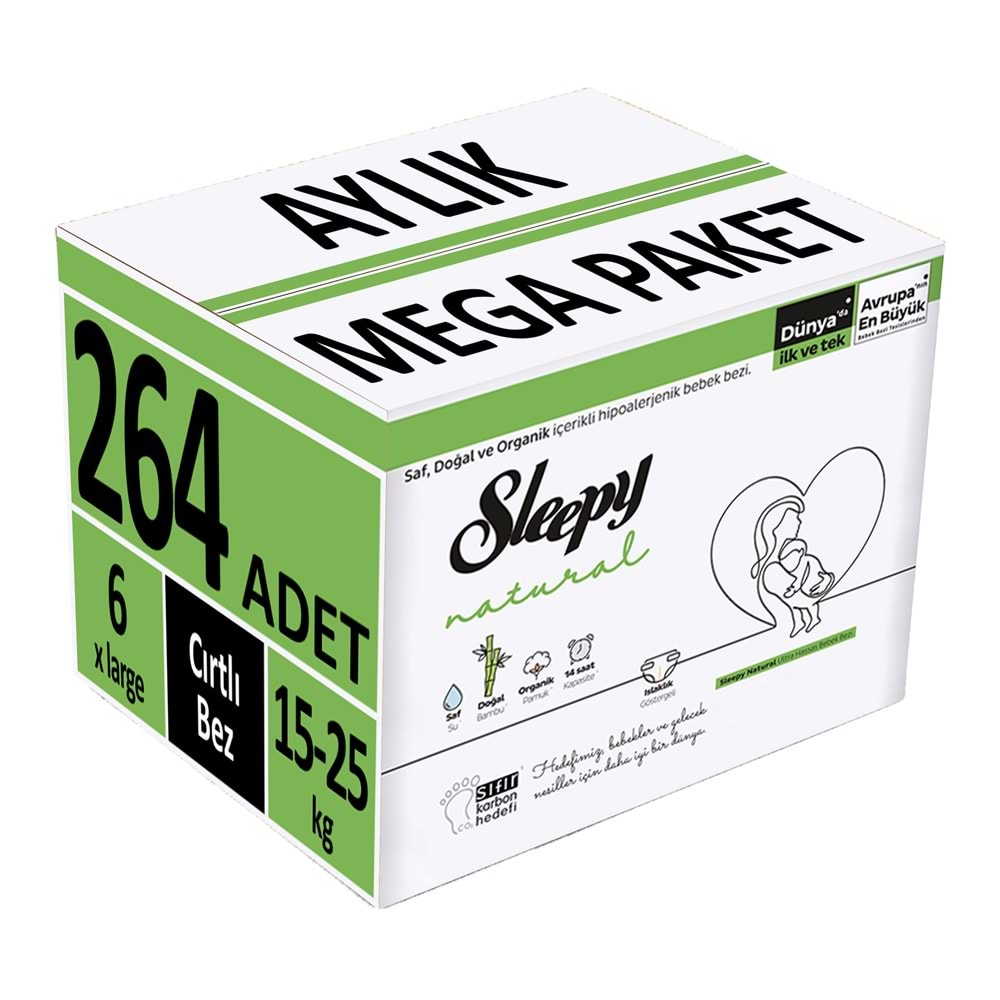 Sleepy Bebek Bezi Natural Beden:6 (15-25Kg) X Large 264 Adet Aylık Mega Pk