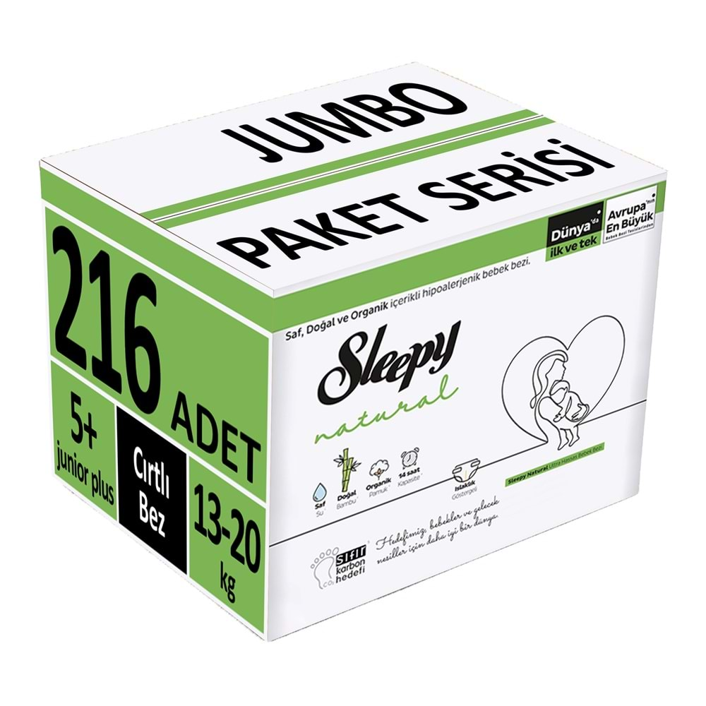 Sleepy Bebek Bezi Natural Beden:5+ (13-20Kg) Junior Plus 216 Adet Ekstra Fırsat Pk (6PK*36)