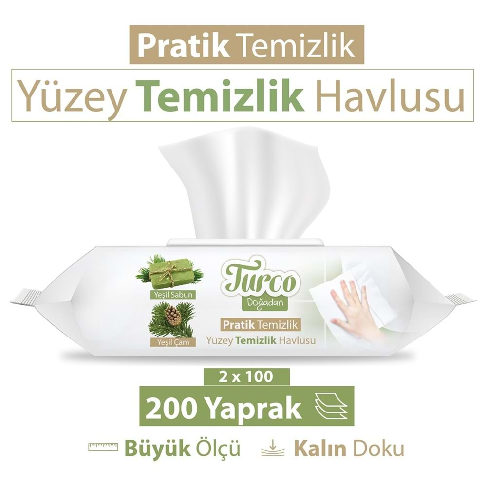 Turco Doğadan Pratik Yüzey Temizlik Havlusu 100 Yaprak Yeşil Sabun/Yeşil Çam (2 Li Set) 200 Yaprak