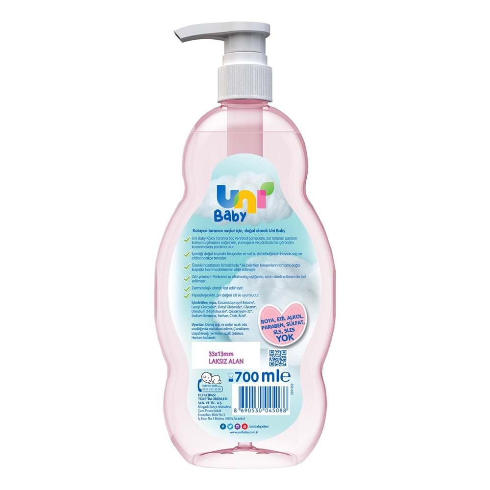 Uni Baby Bebek Kolay Tarama Saç ve Vücut Şampuanı 700ML (Pompalı) (4 Lü Set)